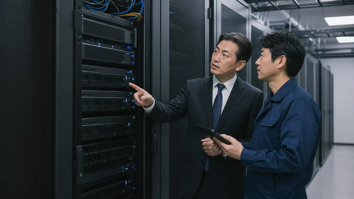 GPUサーバーの設置条件を確認する経営者と技術担当者